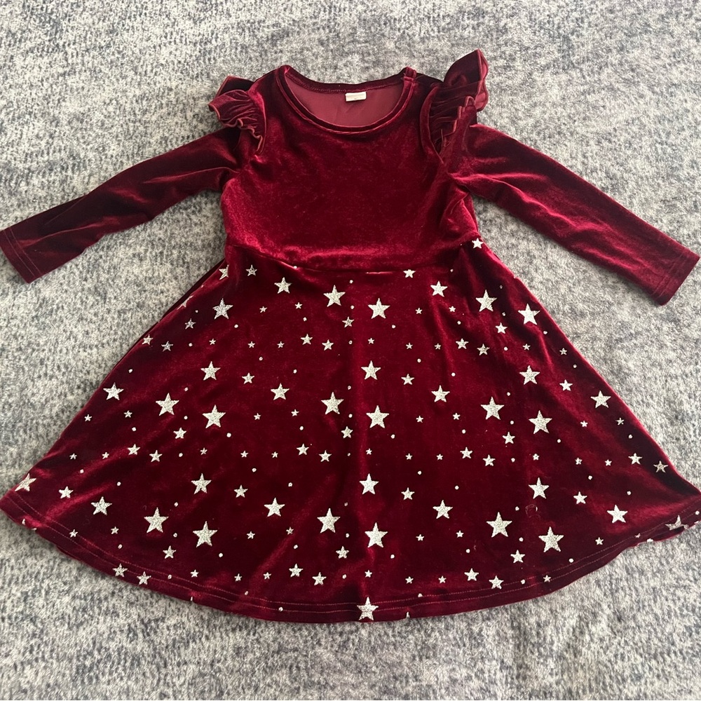 Cute Toddler Girl Red Burgundy Velvet Silver Star Dress 4T